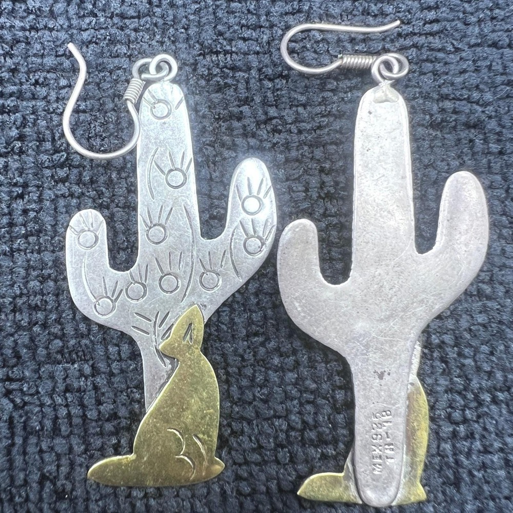 Vtg Sterling Silver Copper TAXCO Mexico Earrings Cactus Wolf Dangling‎ 12.7g 3"
